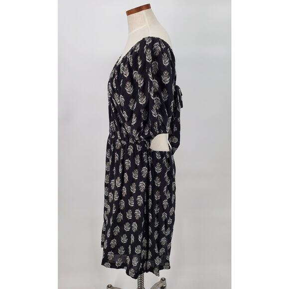Old Navy Womens XL Knee Length Dress Puff‎ Sleeve Tie Back Cut Out Black Floral - Picture 2 of 5